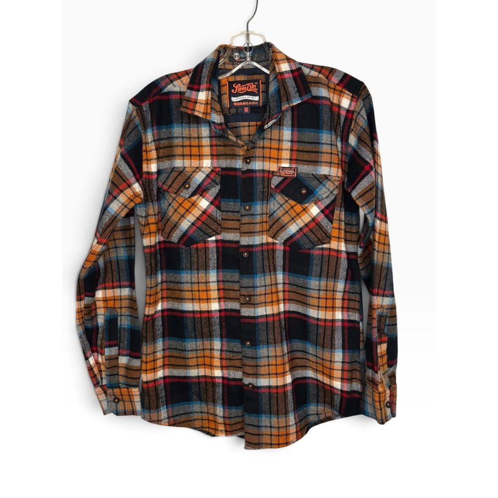 Superdry Flannel Shirt Mens Medium Orange Plaid Slim Fit Excellent London Spirit